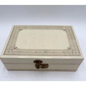 Vintage MCM Cream Gold Red Velvet Jewelry Trinket Box - No Key - Victorian